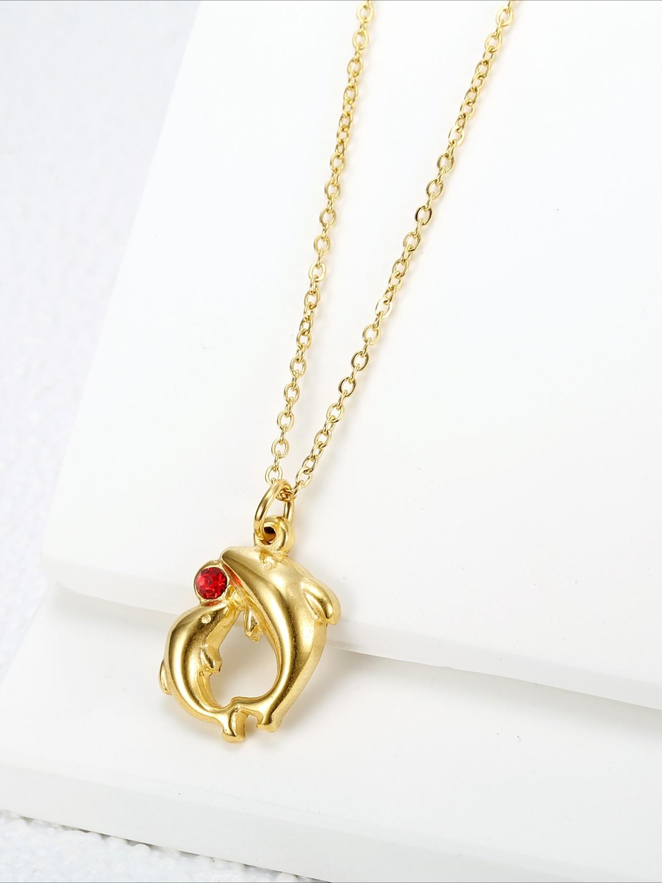 Stainless Steel Double Dolphin Set Zircon Necklace, Three-dimensional Dolphin Shape, High-end Stainless Steel Accessories, Versatile for Daily Use