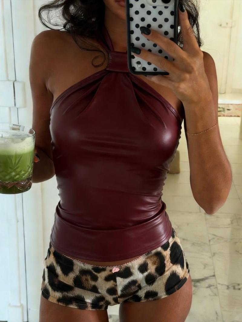 Y2K Knot PU Leather Halter Vest, Slim-Fitting Backless Design, Plain Pattern, Y2K Style, Perfect for Casual Wear