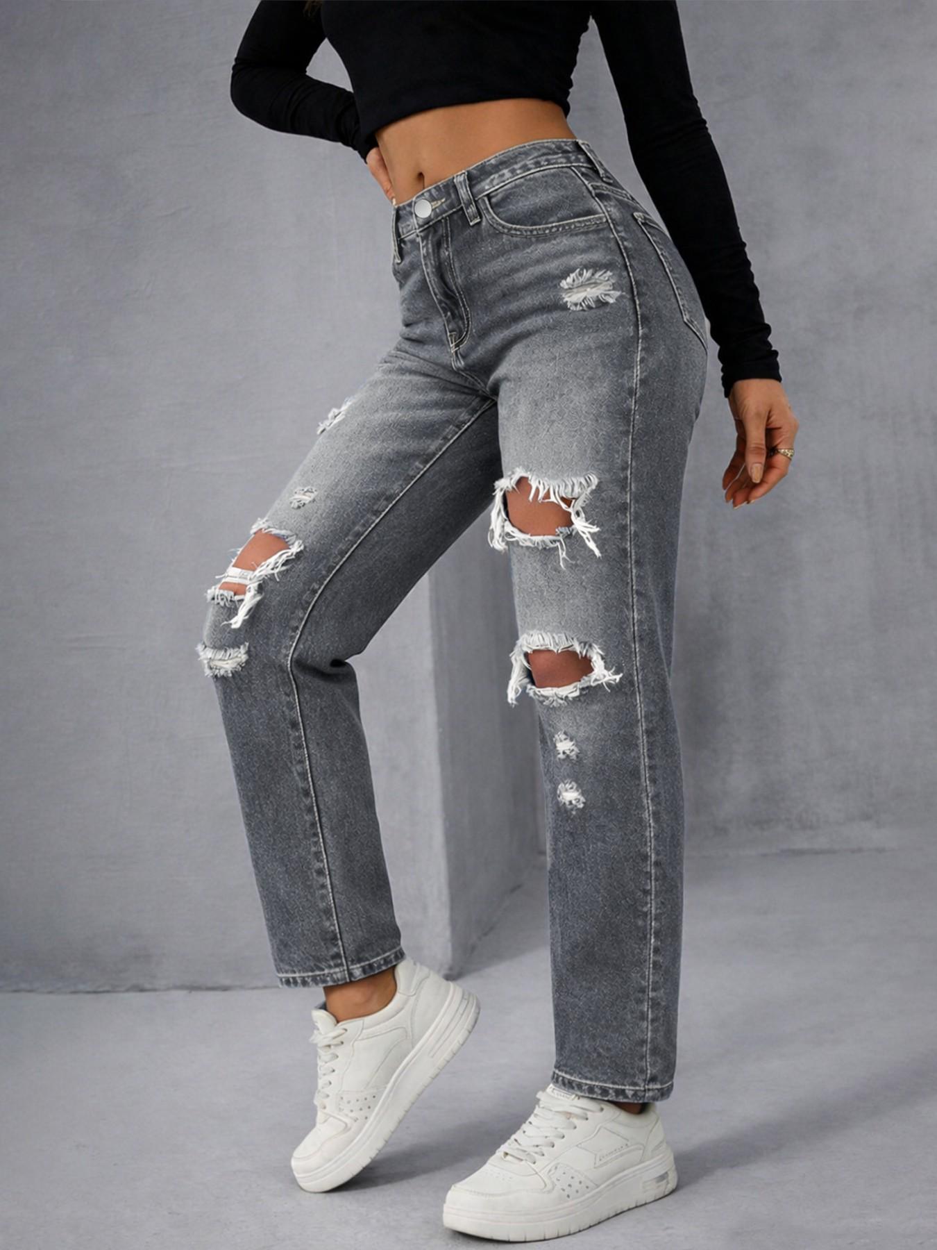 Women's High-Waisted Denim Jeans, Spring & Fall Casual Fitted Straight-Leg Pants, Blue Washed Street Style Distressed Design