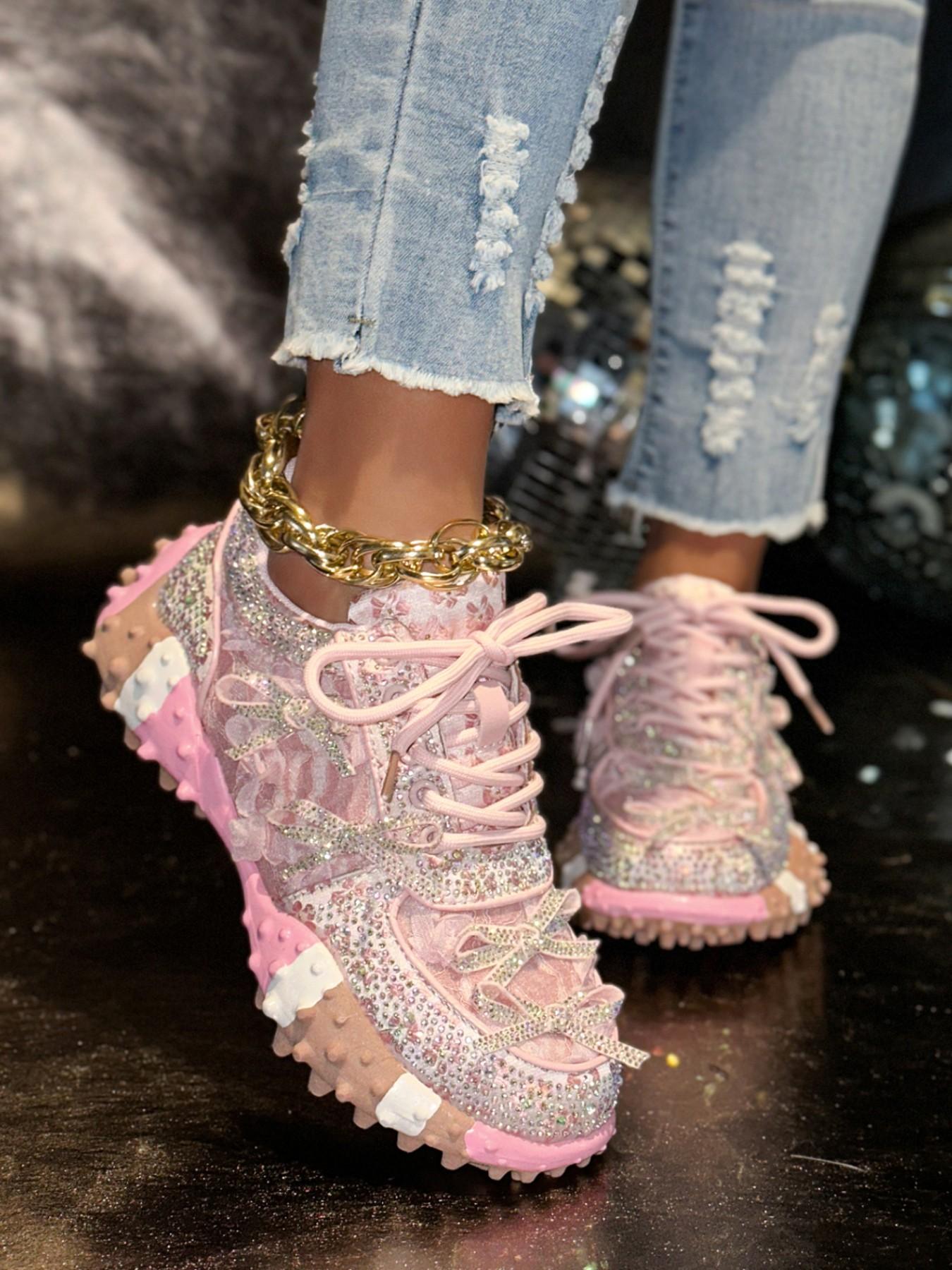 Sweet Cool Girl Style Rhinestone Lace Rose Bow Dad Shoes, Thick Rubber Sole Height Boost Slimming Anti-Slip Casual Streetwear Sports Shoes