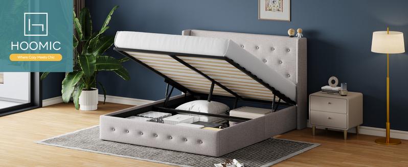 HOOMIC Lift-Up Storage Bed Frame【Frame Only No Mattress】- Modern Wingback Headboard with Hydraulic System & Upholstered Platform,Wood Slat Support,Light Beige/Grey/Yellow/Black/White,No Box Spring Needed,Full/Queen/King