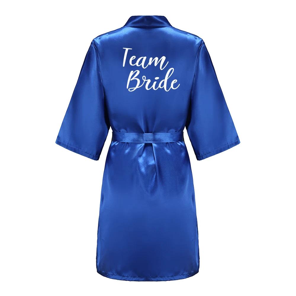 Team Bride Satin Kimono Lounge Robe, Royal Blue Bridesmaid Bathrobe with White Letters, Wedding Party Stress Relief Loungewear