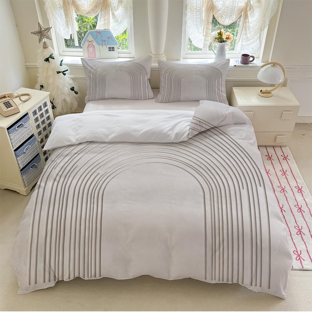 3pcs Arched lines on beige background bedding set (1*Duvet Cover + 2*Pillowcase, Without Core)+The fabric is soft, comfortable and breathable for bedroom guest room hotel dormitory rooms