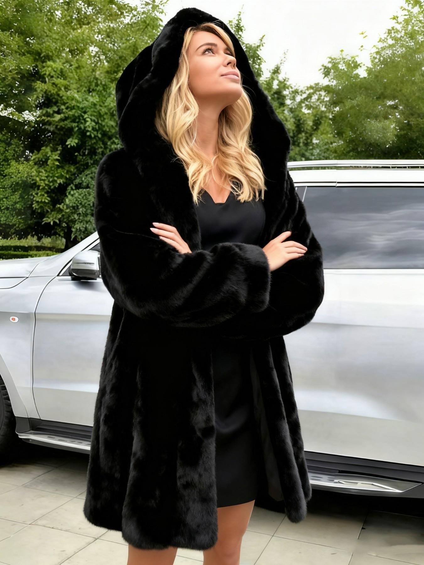 Women's Hooded Faux Fur Coat, Loose Mid-Length Luxurious Plush Jacket, Soft Puffy Texture, Elegant Fall Winter Outerwear