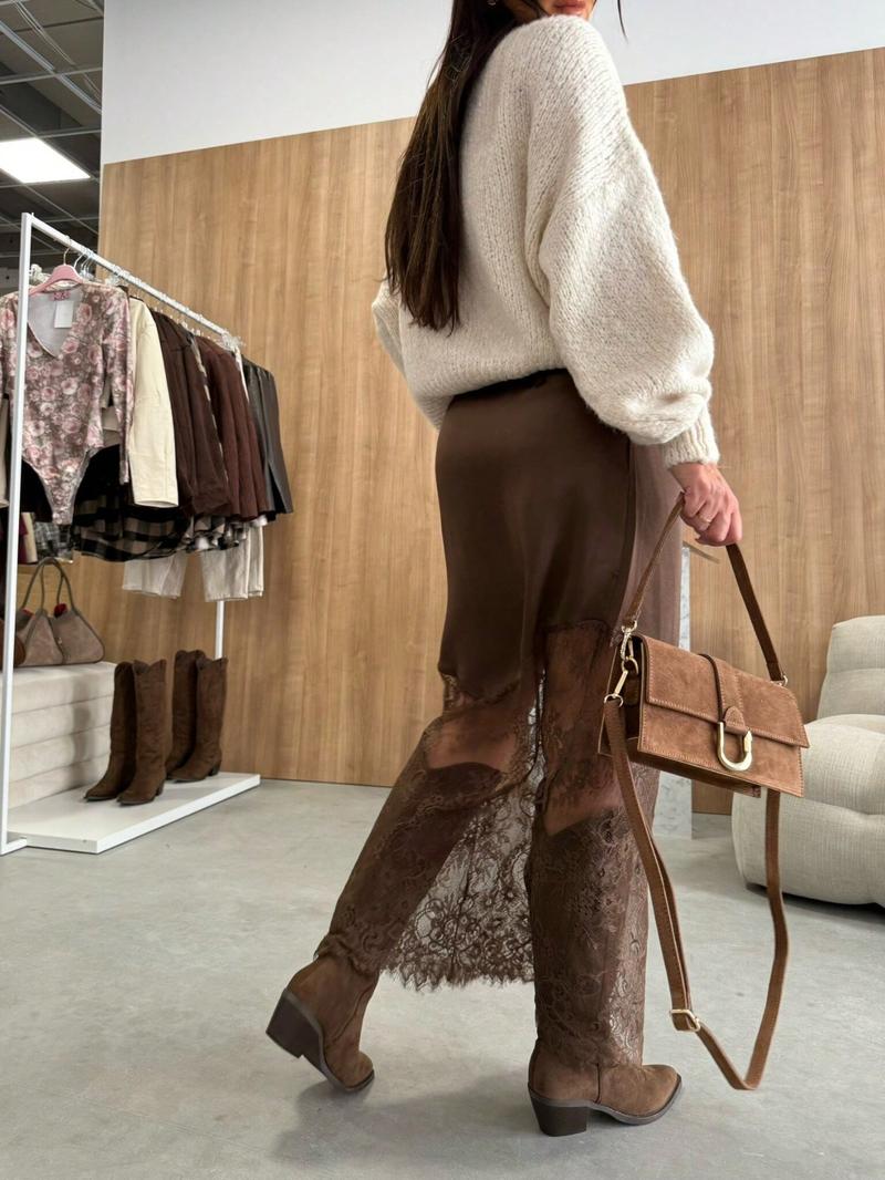 Women's Summer Spring Satin Lace Patchwork High-Waisted Skirt, Elegant Long Plain Design, Slim-Fitting Natural Waist Dress