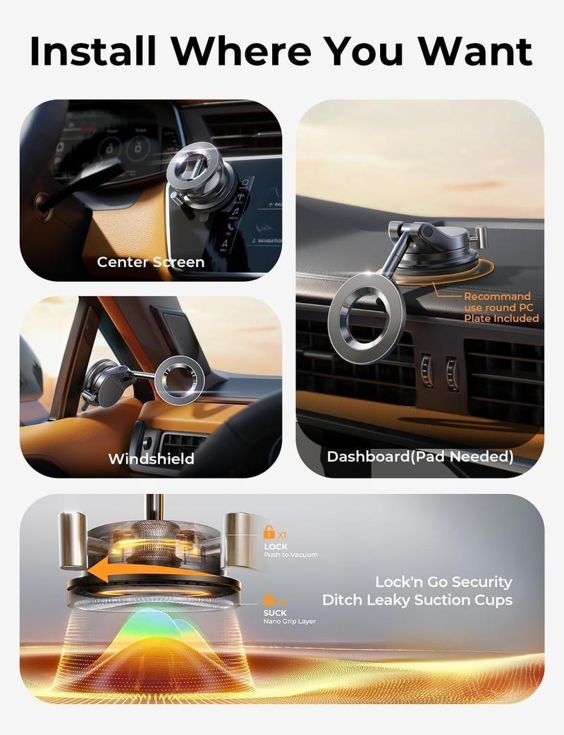 LISEN  Retractable Car Phone Mount Vacuum Magnetic Phone Holder, 360° Adjustable for MagSafe Car Holder Foldable Suction Phone Mount for Car, for Garmin GPS/Mirror/Smooth Surface, for iPhone 16 Pro Max 15