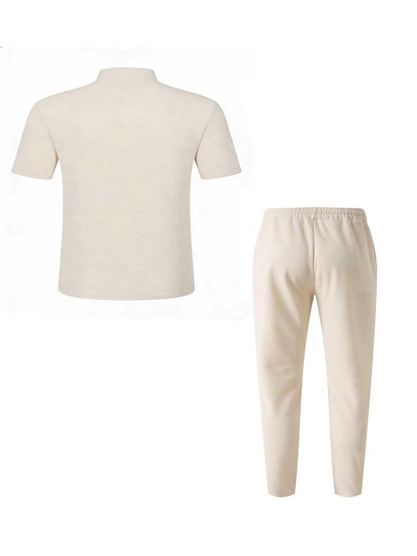 Men's Stand Collar Button Polo Set, Lightweight Textured Short Sleeve, Drawstring Sport Long Pants Trouser, Youth Versatile Commute Two-Piece Set