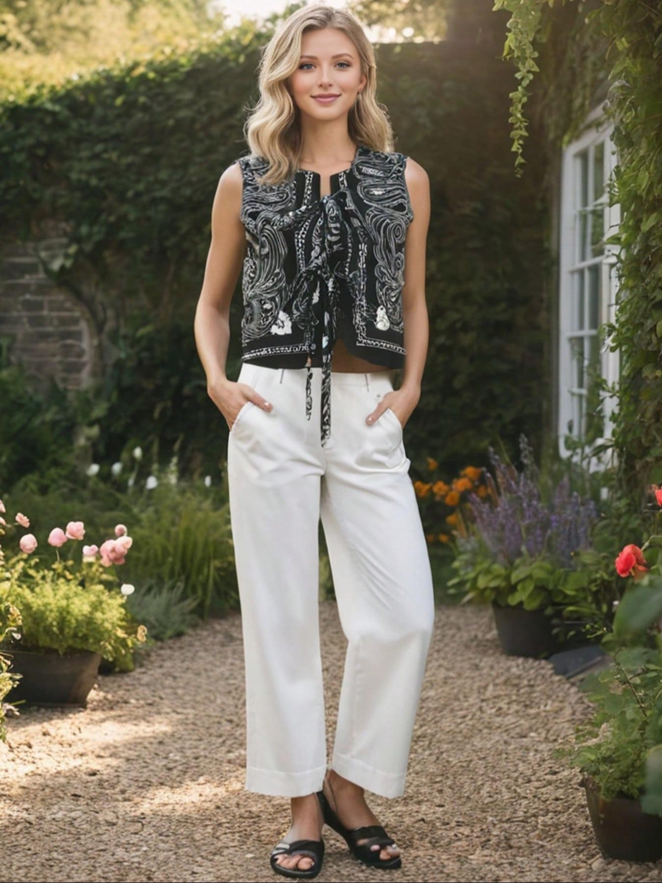 Women's Autumn Ethnic Print Tie-Back Vest Top Short, Sleeveless Round Neck Bow Vintage Fashion Jacket, Stylish Casual Wear