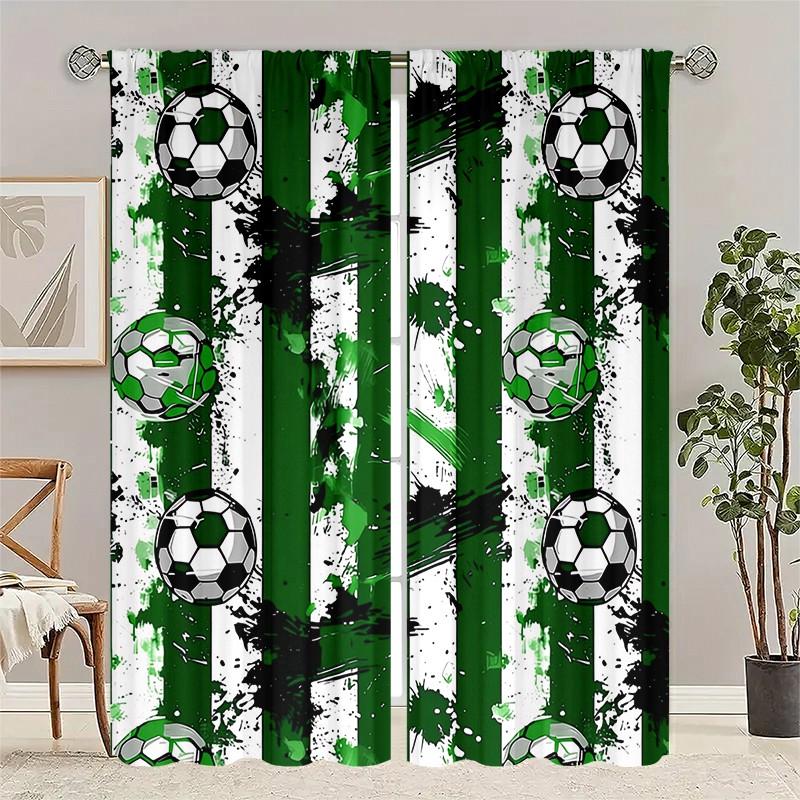 2 pieces of football-themed cartoon patterned curtains, made of polyester with semi-transparent texture, machine washable, suitable for bedrooms, living rooms and home decoration.