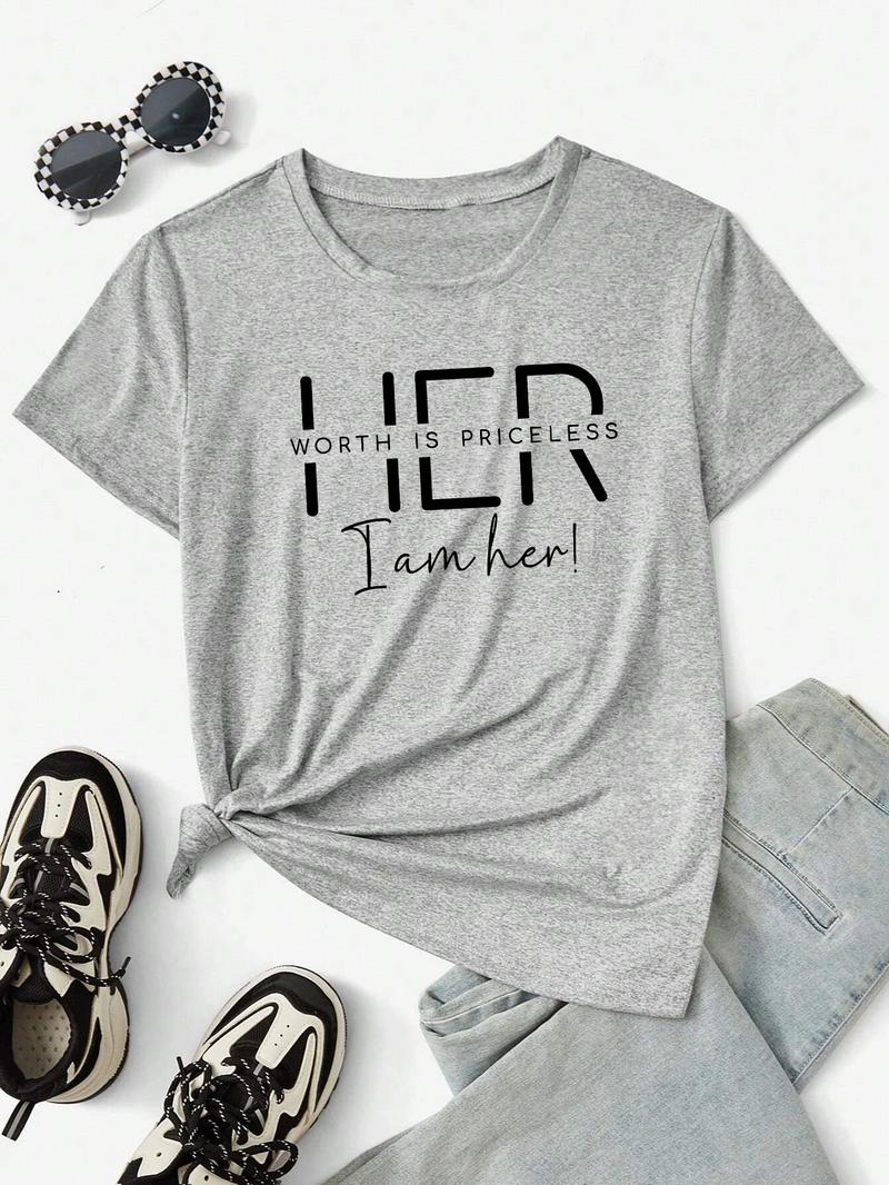 Women's Letter Print Round Neck Tee, Casual Short Sleeve Crew Neck T-Shirt for Summer, Fashion Women's Top for Daily Wear, Womenswear