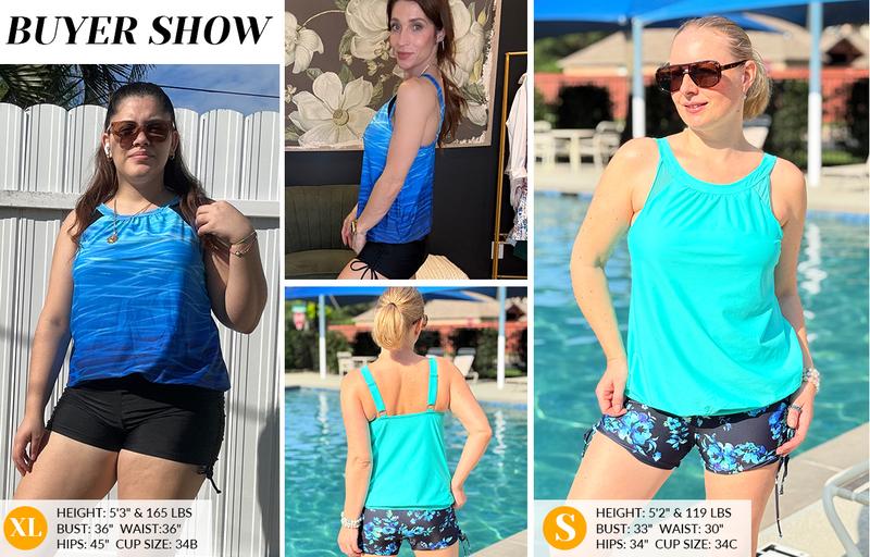 Yonique Tankini Swimsuits with Shorts - Tummy Control Two Piece Blouson Bathing Suits High Neck Swimwear