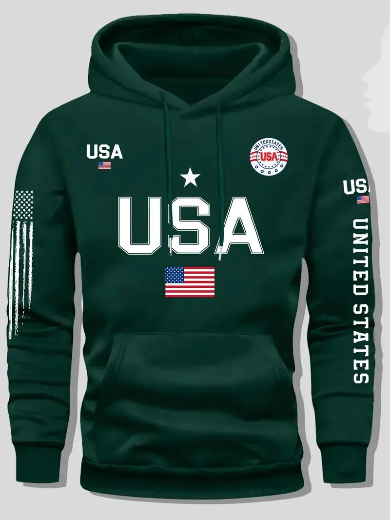 USA flag print hoodie men's fleece sweatshirt, United States letter print unisex casual knit fabric pullover for students and couples fashion hoodie for autumn and winter, 2025 spring pullover hooded sports hoodie