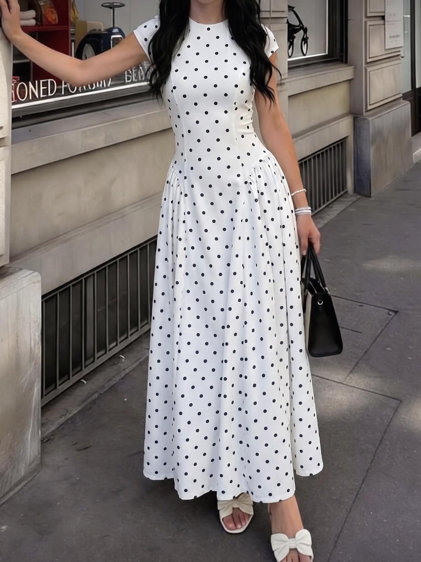 White Polka Dot Cap Sleeve Maxi Dress Women Round Neck A-Line Full Skirt Elegant Boho Formal Party Dress Wedding Guest Outfit Summer Going Out Fashion, Wedding Guest Dresses, Womenswear