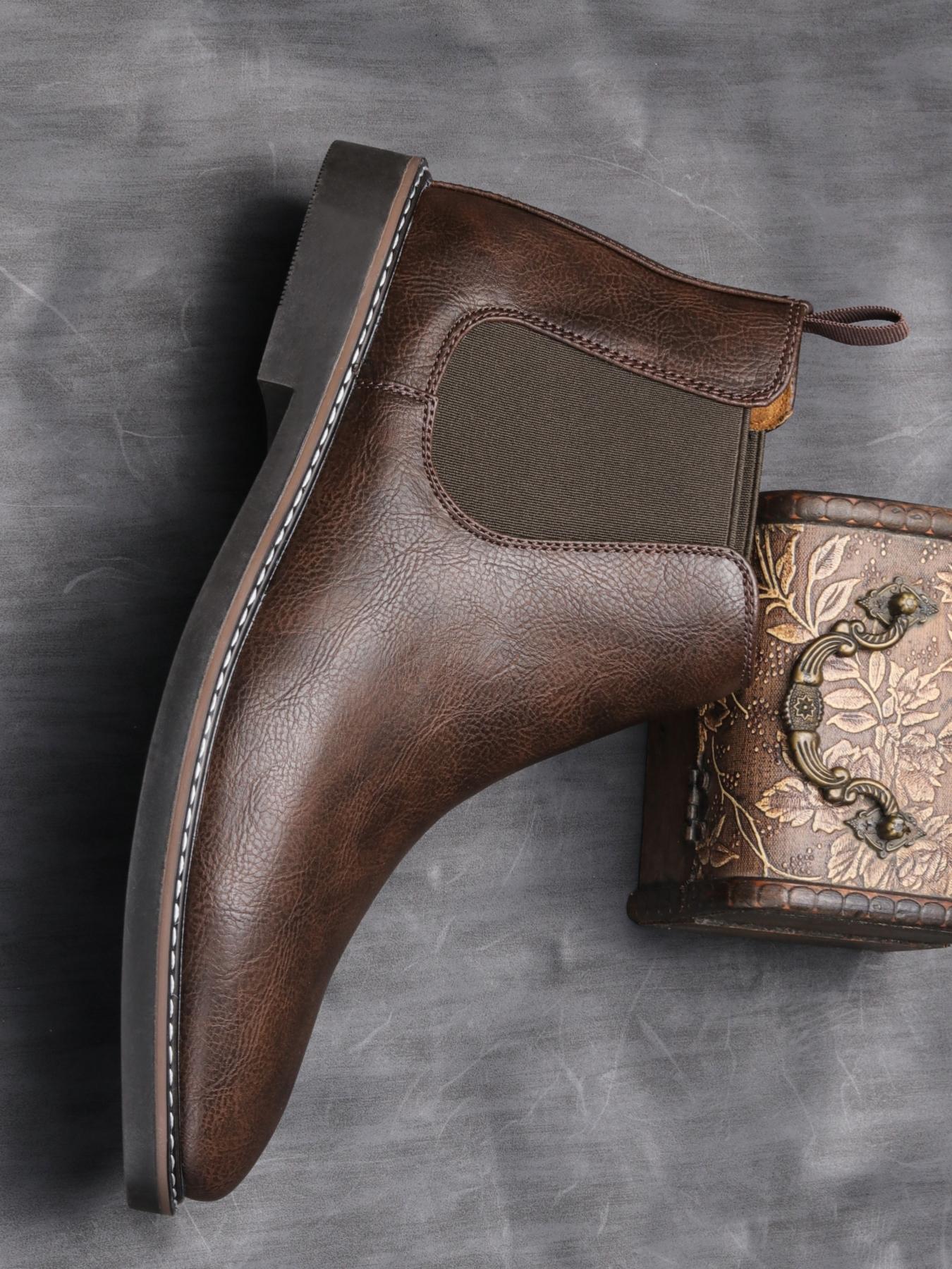 PU Leather Chelsea Boots, Vintage Simple Style, Stitched Elastic Fabric, Thick Rubber Sole Support, Natural Texture, Urban Youth Casual Walking Shoes