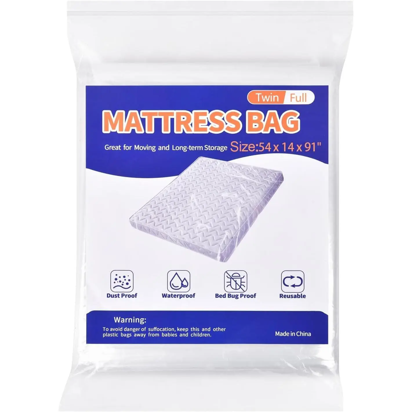 Mattress Bag for Moving and Storage, Plastic Mattress Protector Cover, Twin/Full Size, 1 PackGift