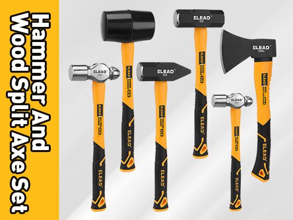 ELEAD 6-Piece Mallet Hammer Set, Fiberglass Handle Forge Steel Head, 32oz Rubber Mallet & Ball Peen Hammers, 16oz Ball Peen Hammer, 3LB Sledge & Cross Peen Hammers, 600g Wood Split Axe