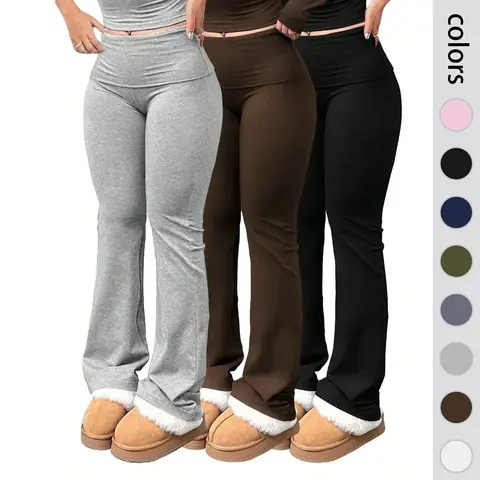 Women's High-Waisted Flare Athleisure Leggings - 1/3 PCS Wide Waistband Tummy Control, Full-Length Slim Cut Athletic Workout Pants, Solid Stretchy Gym Workout Apparel, Spring Fall Gym Stuff Clothes