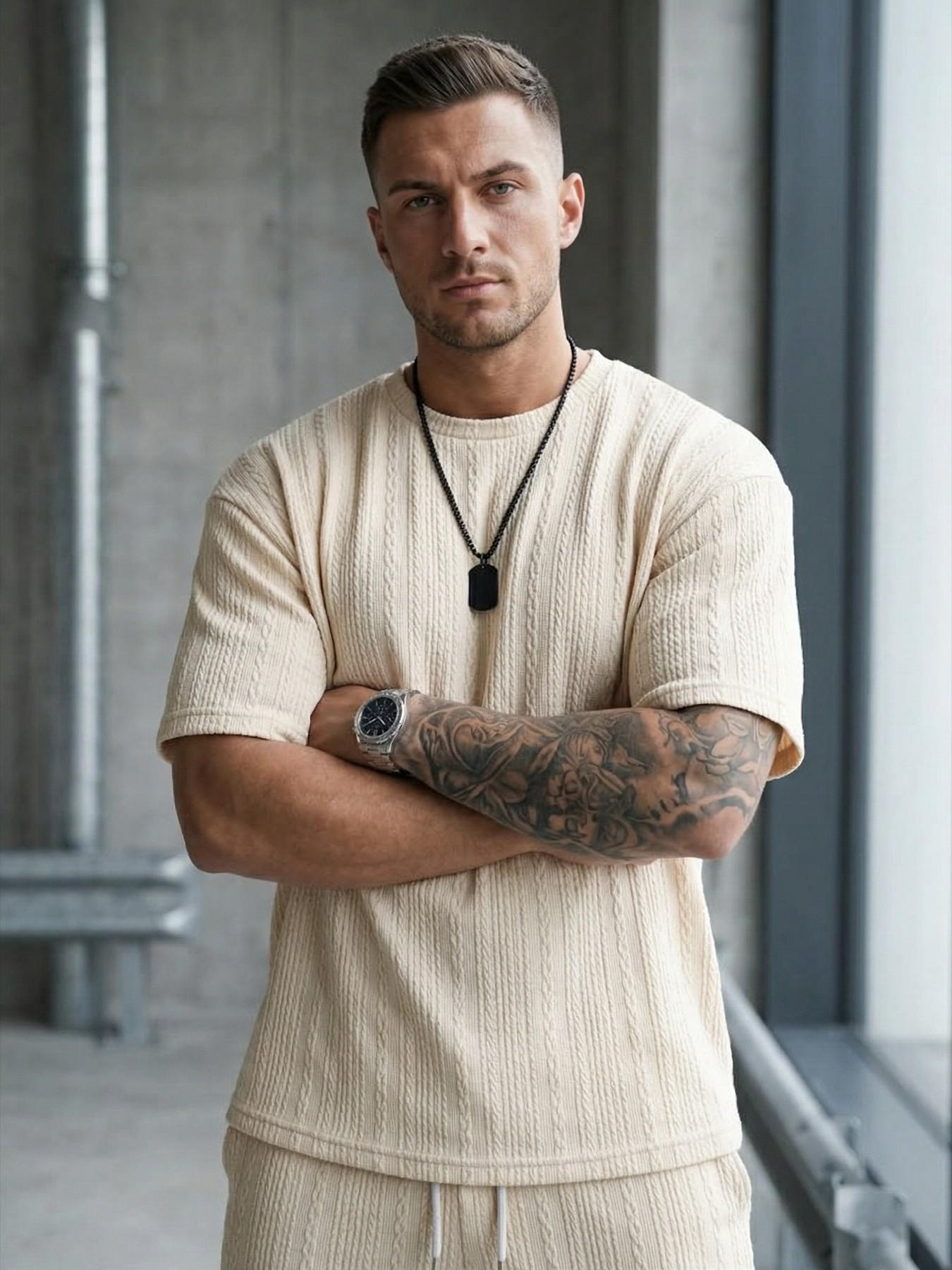 Men's Youth Textured Casual Vacation Outdoor Round Neck Loose Fit T-Shirt + Drawstring Shorts, Short Sleeve, Fitted, Plain, Contrast Binding