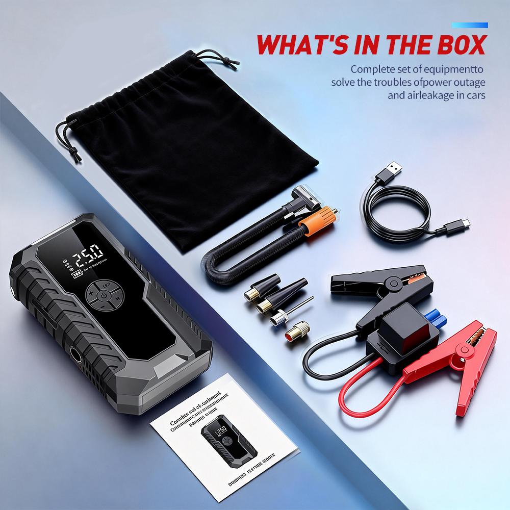 Car Emergency Jump Starter with 150PSI Air Compressor - 2500A Peak for 8.0L Diesel, 10000mAh Power Bank, LED Light #CarEssentials