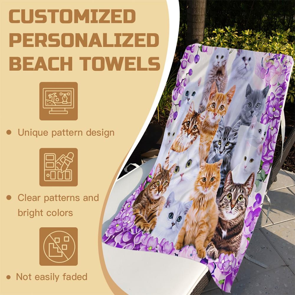 Purple Flower Cats Print Oversized Beach Towel, Soft Microfiber Bath Towel, Sand Free Large Beach Blanket for Summer Vacation, Family Travel Camping Cat Lover Accessory