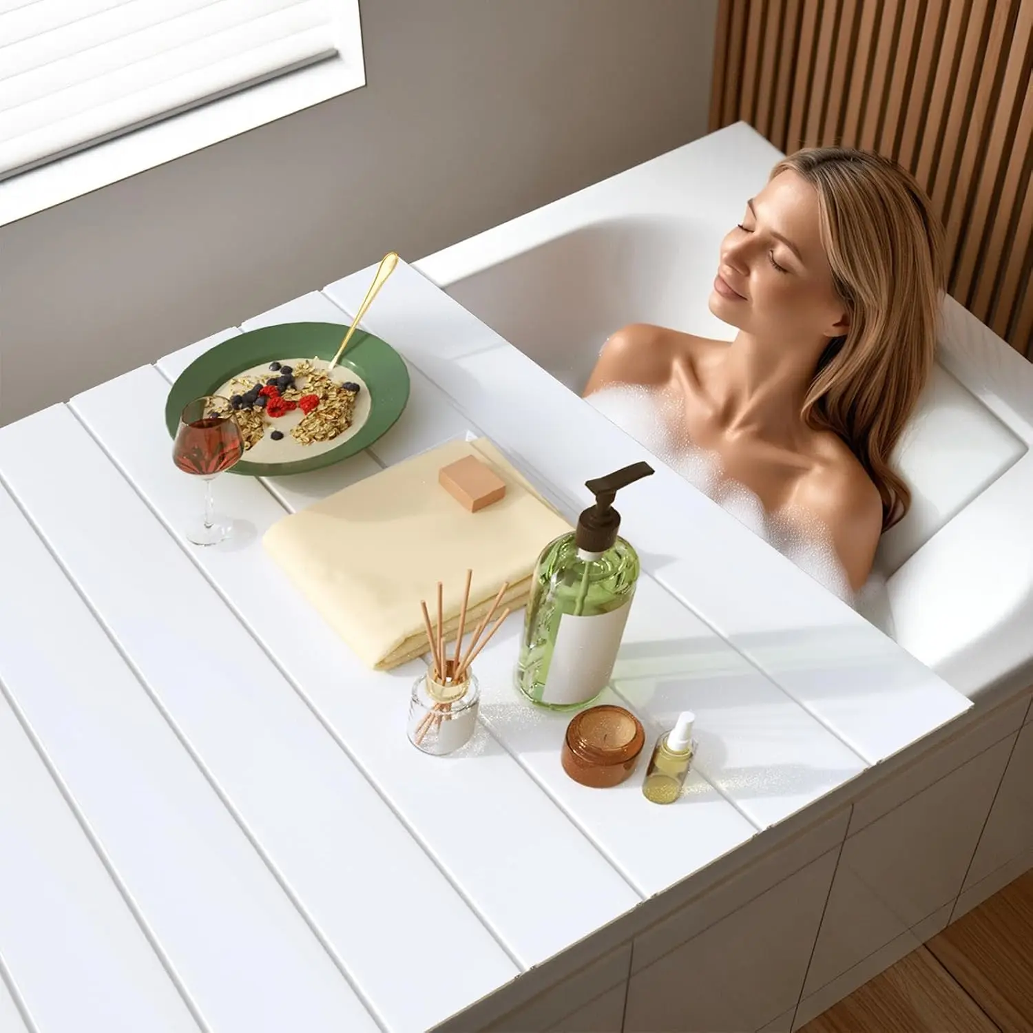 Bathtub Tray, Anti-dust Bathtub Cover, Bath Insulation Cover(59×27×0.24in) | Foldable PVC Shutter Bath Lid Fit Most Tubs, Can Store Wine Glass, Books, Tablets, Cellphones, White