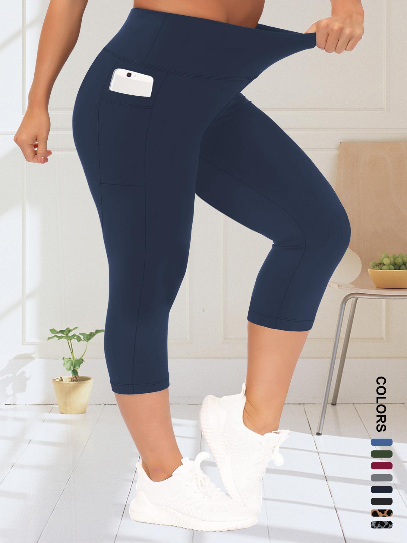 【Plus Size】 Solid/Leopard Pattern High Waist Pocket Capri Leggings, Casual Comfy Skinny Capri Pants for Daily Wear, Women's Bottoms for Summer