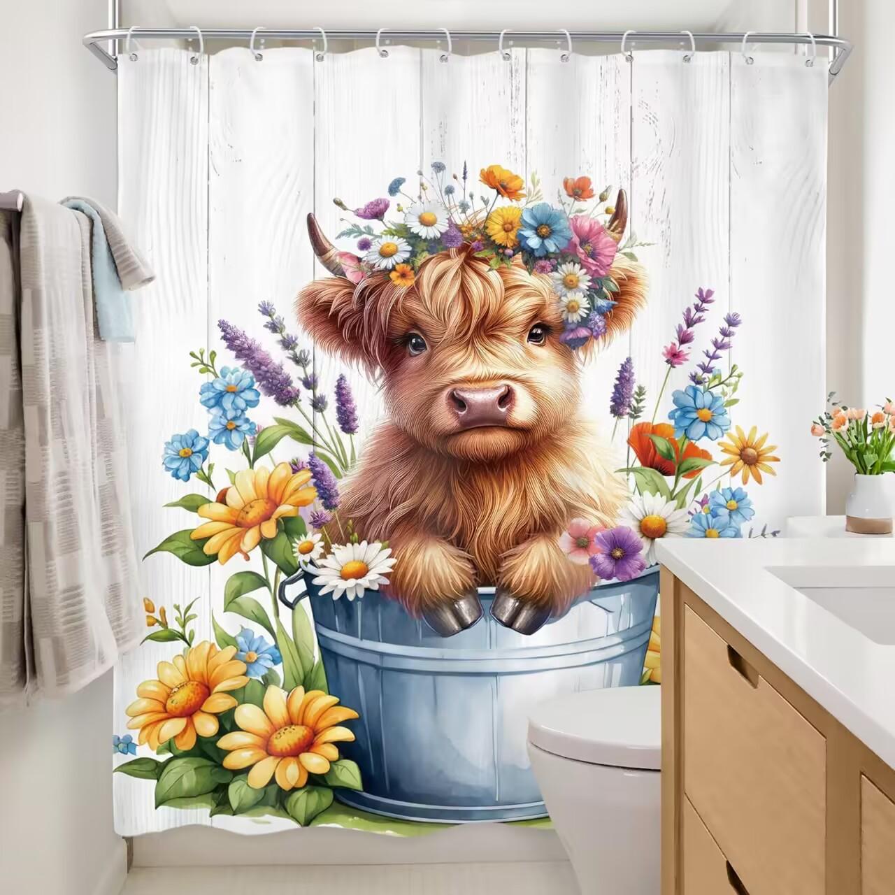 Cute Cow Pattern Bathroom Shower Curtain, 1 Count Waterproof Bathroom Curtain with 12pcs Hooks, Bathroom Decor Supplies, Bathroom Decoration Accessories