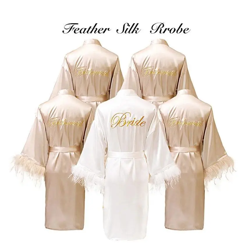 Women FEATHER Bride Bridesmaid Wedding Robe Satin Kimono Bathrobe Gown Nightwear Embroidery Letter Nightgown V-Neck Lingerie
