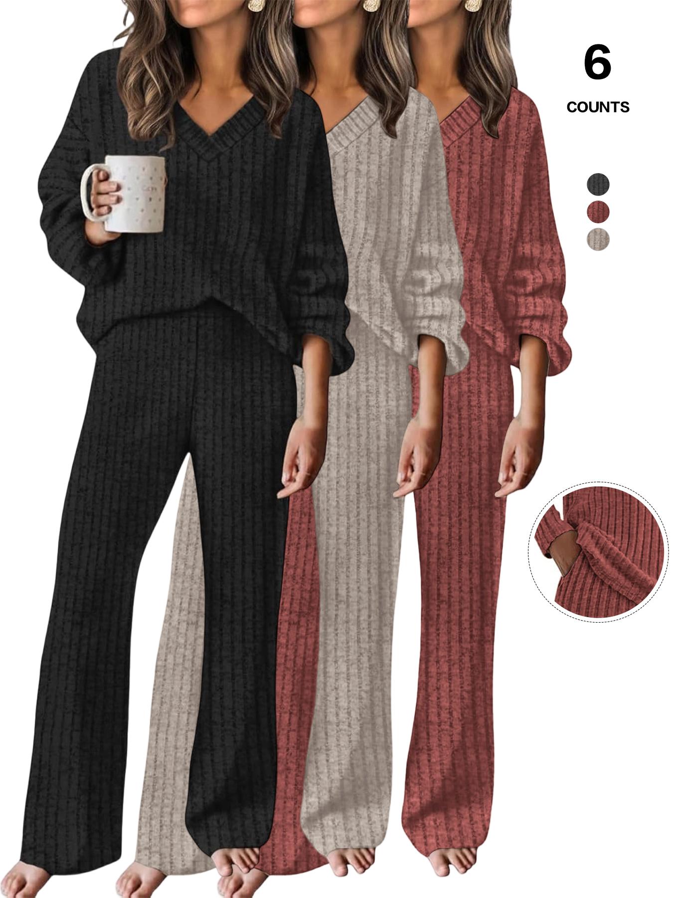 Women's Ribbed Knit 2-Piece Loungewear Set, V-Neck Oversized Long Sleeve Top, Wide-Leg Pants with Pockets, Soft Cozy Casual