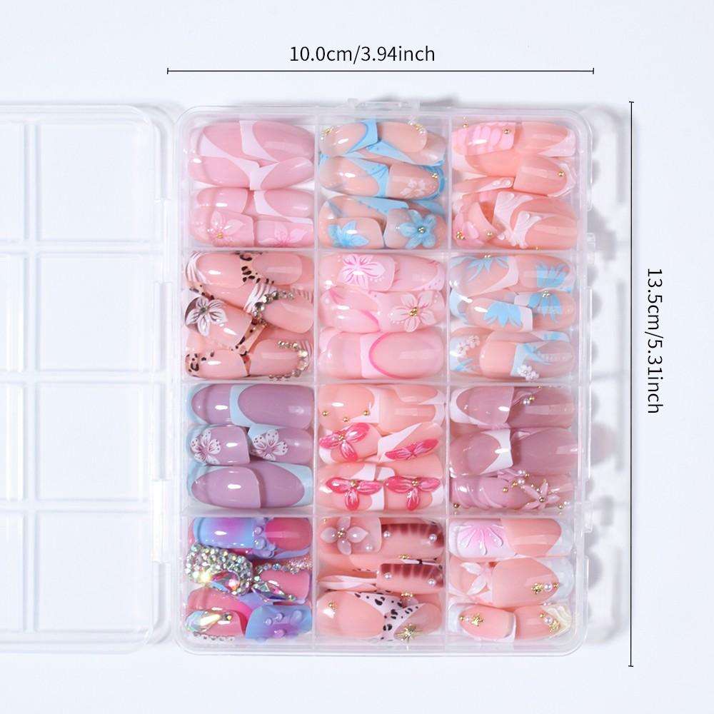 288pcs Square Press-On Nails, 3D Gel Flower, Shell, Star Designs, Medium Length, Acrylic Material, Nail Art Supplies, Perfect for Daily Use & Parties, Kawaii Nails