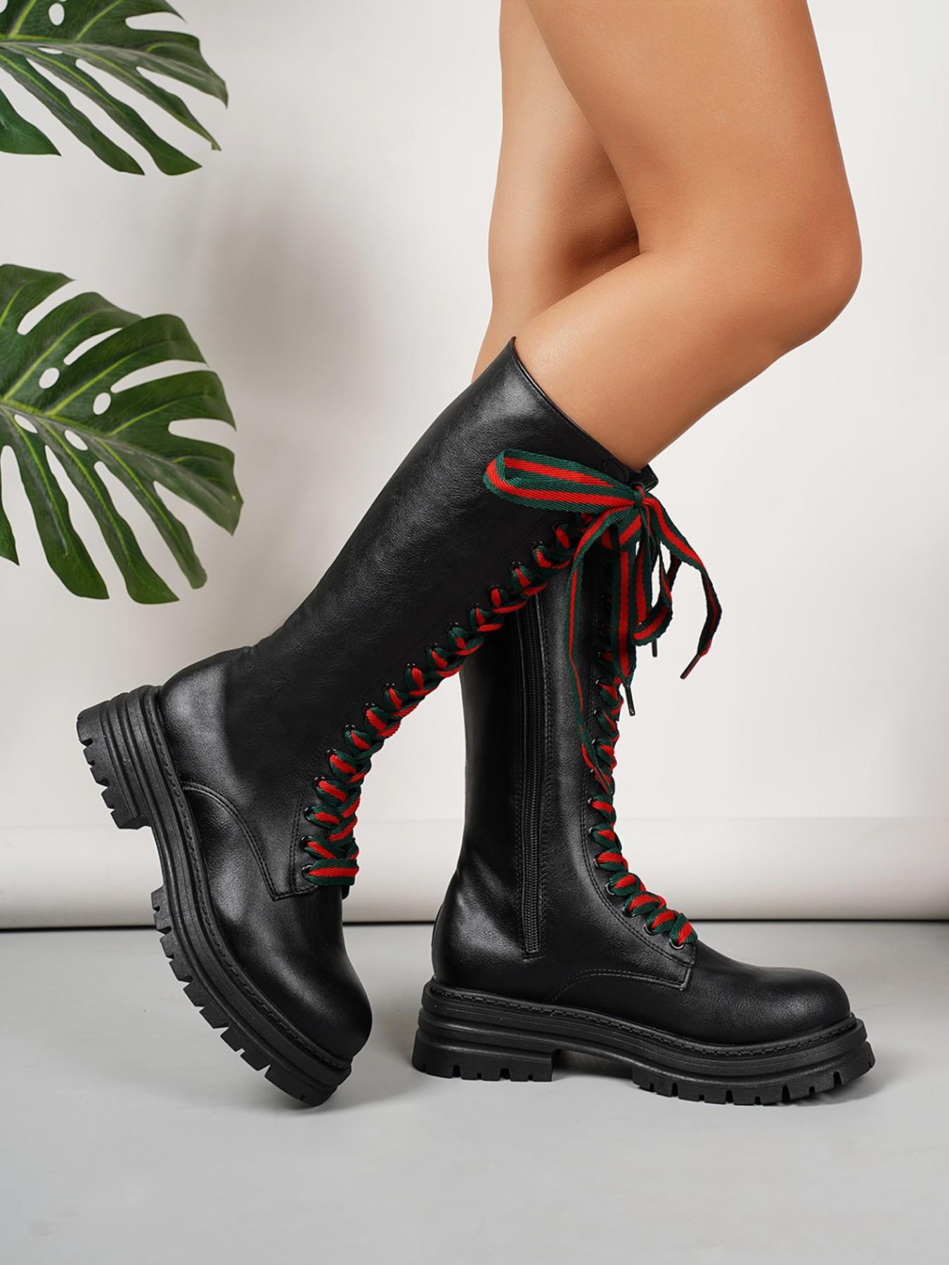 Women's Patchwork Strap Thick Sole High Top Boots, Sweet Cool Punk Style Knight Long Boots, Winter Fashion Footwear