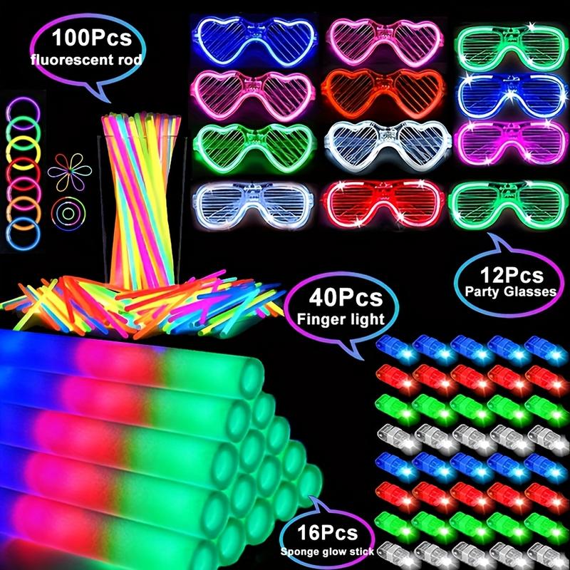 MICRENCY 168Pcs Party Set Supplies - 40 Colorful Finger Lights, 12 LED Glasses, 40 Glow Sticks, 100 Luminous Sticks for Weddings, Birthdays, Concerts, Events & Festive Atmospheres