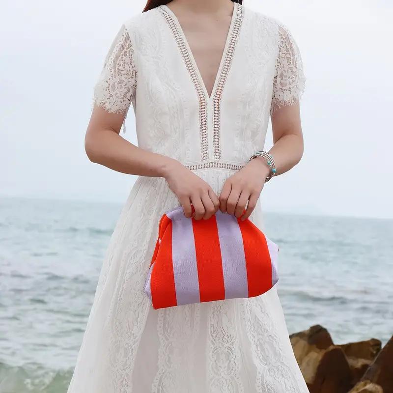 Women's Striped Woven Clutch Purse, Lightweight Compact Polyester Bag with Ruched Dumpling Design for Casual Wear, Stripes