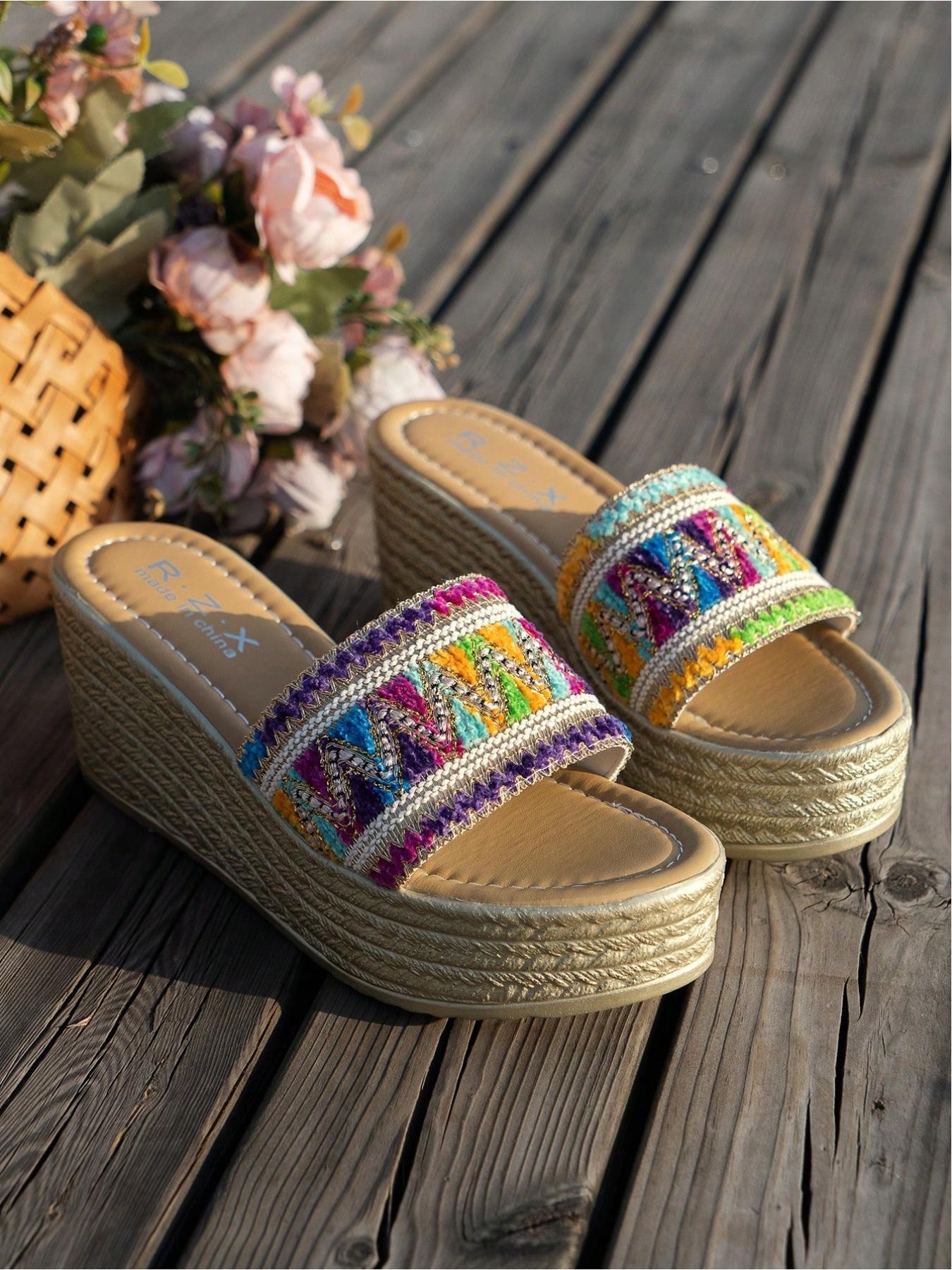 Vintage Bohemian Resort Style Handmade Crochet & Straw Wedge Heels, Breathable, Thick Sole, Anti-Slip, Multiple Sizes & Colors, Perfect for Daily Wear