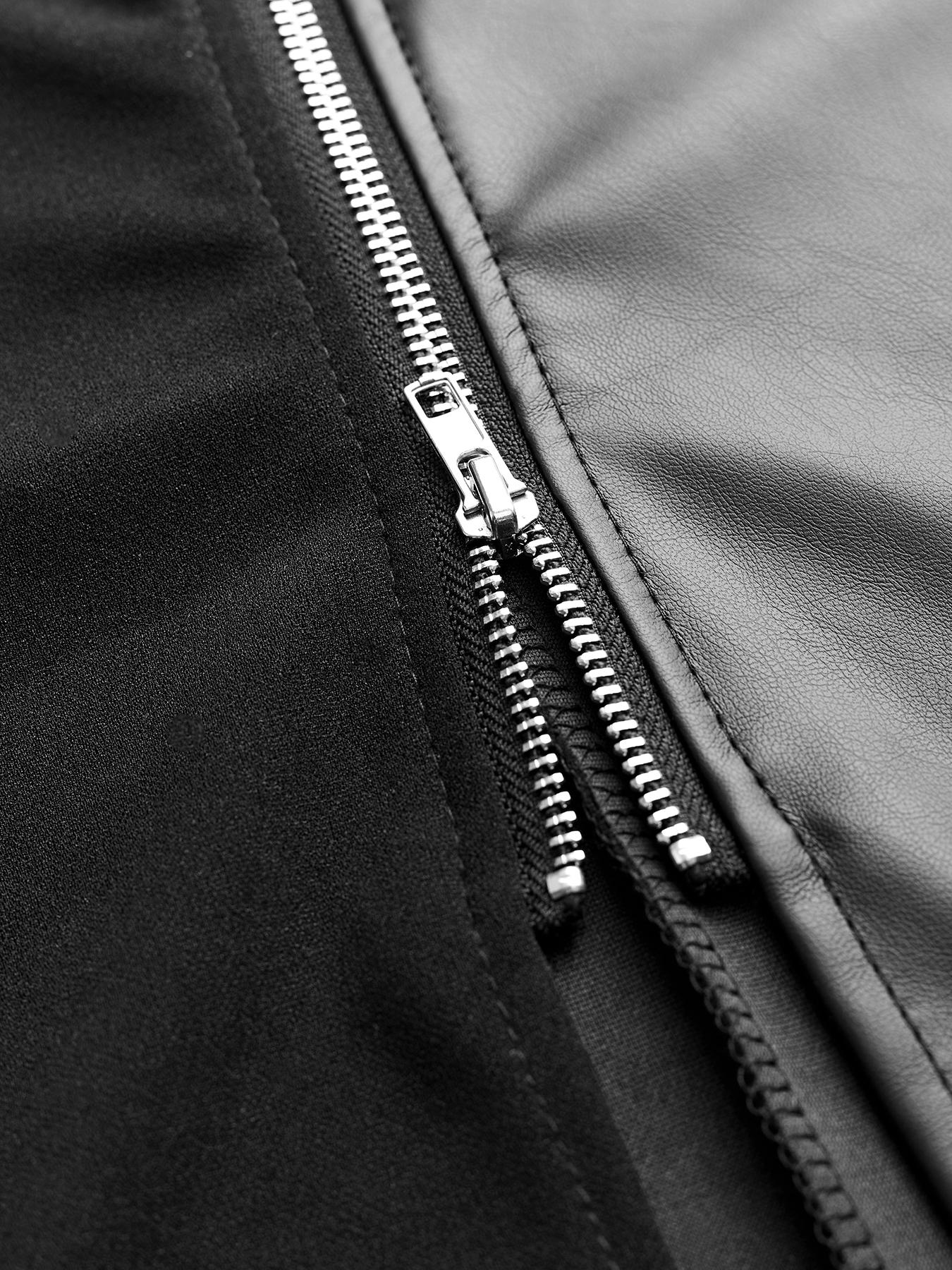 Women's Solid Color PU Leather Patchwork Zipper Bodycon Dress, Elegant Slim Fit Long Sleeve Party Dress, Casual Fashion Clothing