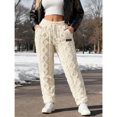 Women’s Minimalist Cable-Knit Fleece Straight Leg Joggers, Casual Chic All-Seasons Loungewear, Elastic Drawstring Waist, Side Pockets, Do Not Bleach, Ideal for Everyday Wear & At-Home Relaxation