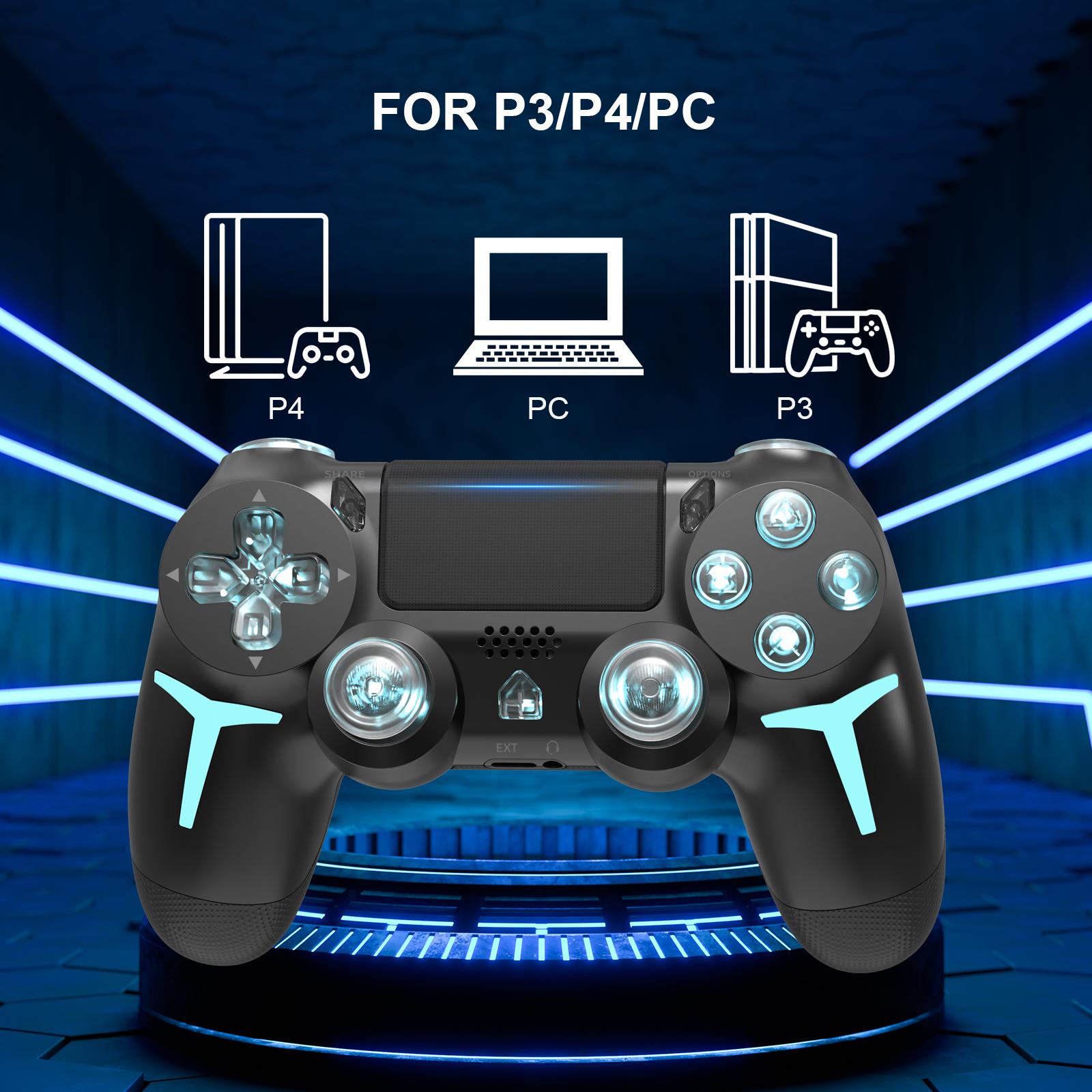 Wireless Game Controller with Three Color Lights, Compatible with Ps4 Ps3 PC, RGB LED Bluetooth-compatible Gaming Joystick, Six-Axis Gyroscope, Dual Vibration Feedback, Wireless Controllers