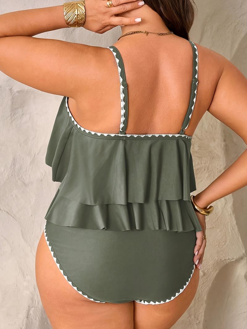 Women's Plus Size Fashion Elegant Slimming Backless Solid Color Ruffle Two-Piece Bikini Set, Sexy Ditsy Floral Push Up Style, Tankini Swimwear Set