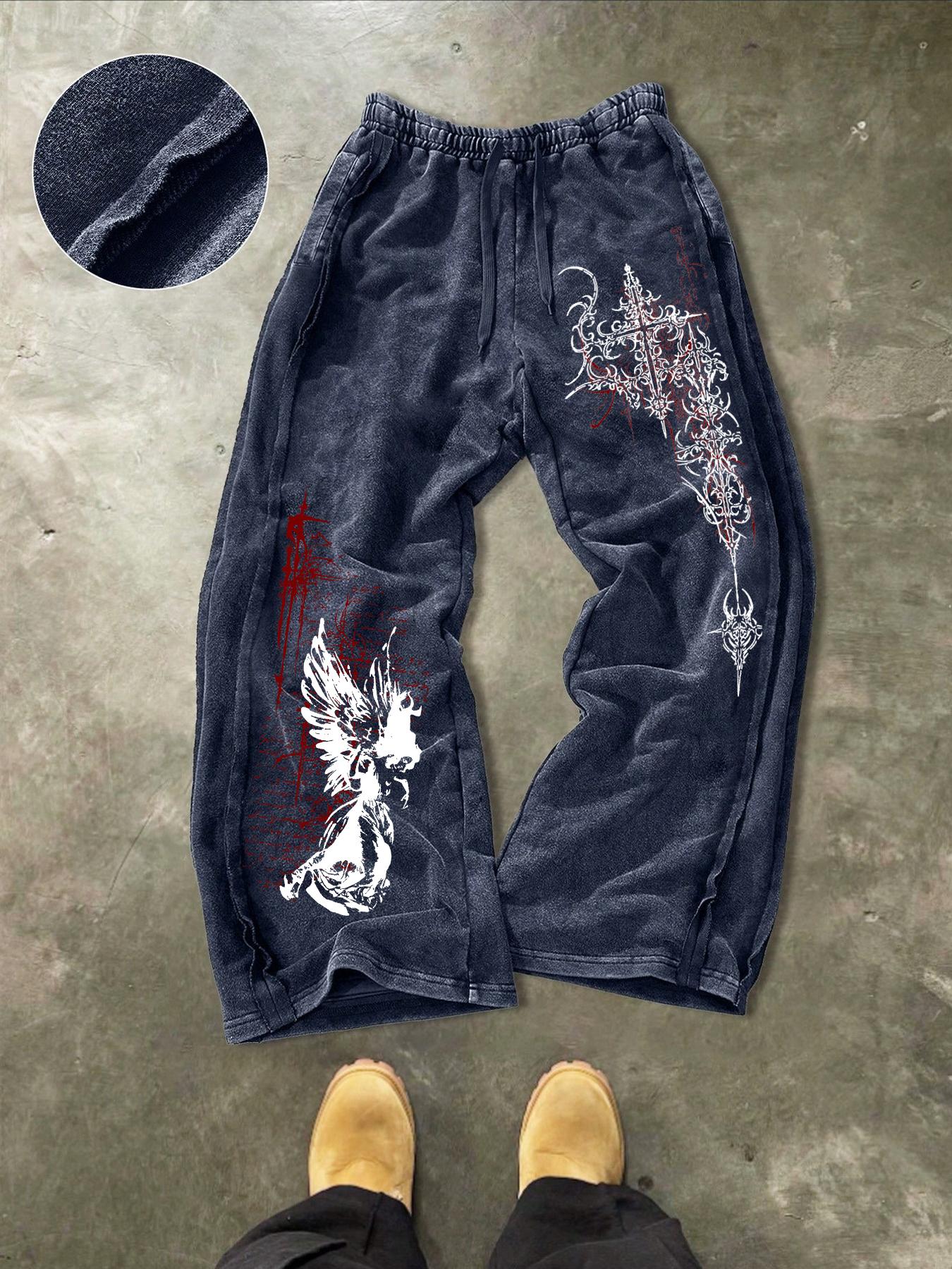 Men's Washed Cotton Sweatpants with Side Hem Stitching Design, Gothic Print Pattern, Comfortable Casual Pants for Daily Wear