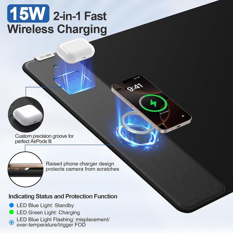 Wireless Charging Mouse Pad, 31.5"x15.8" Large Gaming Desk Mat with 15W Fast Charging, Ultra-Smooth Surface, Non-Slip Base, Waterproof Mousepad Keyboard Pad for PC, MacBook, Laptop