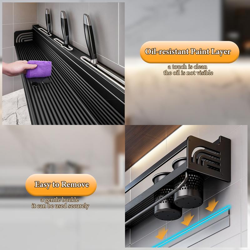 Raybee Storage Spice Rack, Space-Saving Wall-Mounted Kitchen Spice Rack, No-Drill Needed, Carbon Steel Shelf Kitchen Organizer, Spice Jar Organization with Hooks, Perfect for Utensils, Lids, and Seasoning Jars