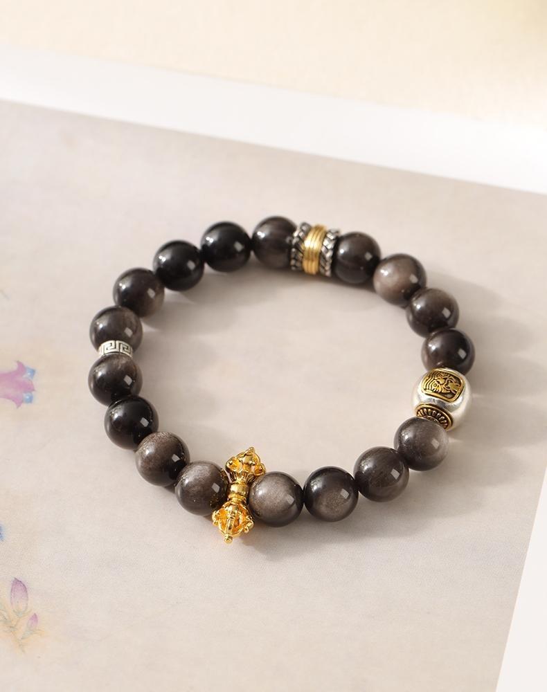 [Wealth Blessing] crystal bracelet, silver obsidian Tibetan silver sand gold, unisex, daily wear gift, 10mm beads natural stone, wealth blessing symbol