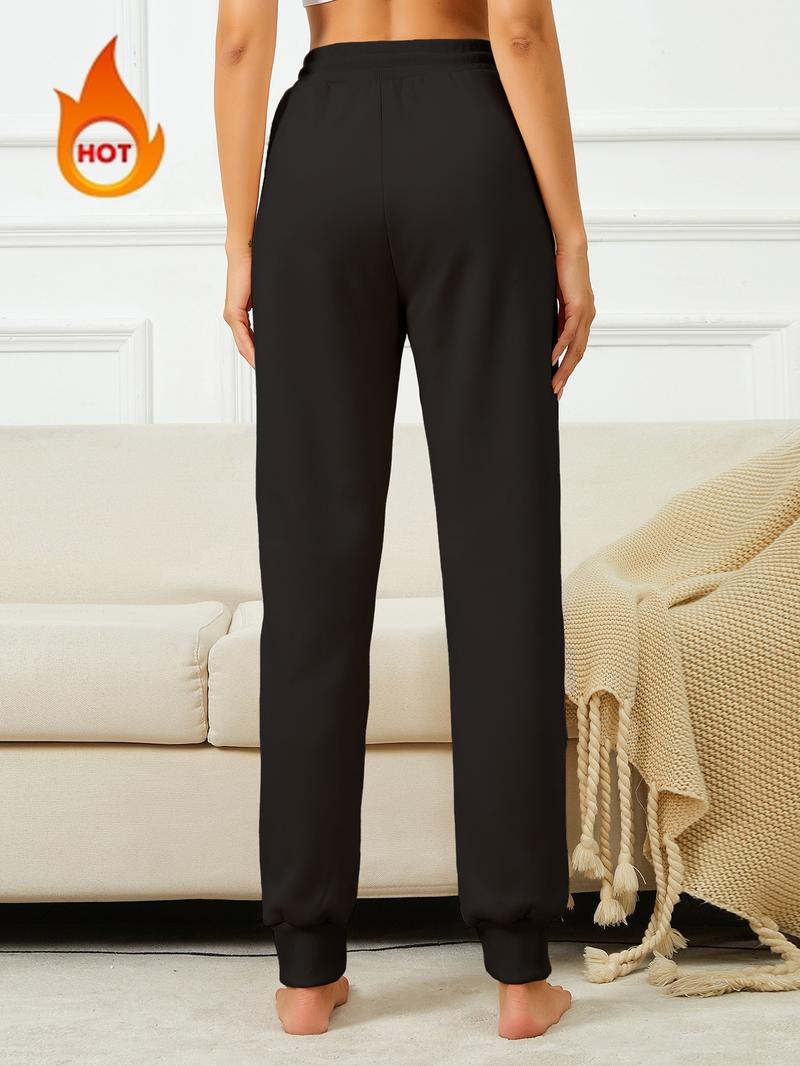 Women's Solid Drawstring Waist Thermal Lined Sweatpants, Casual Elastic Waist Pocket Jogger Pants for Fall & Winter, Women's Trousers for Daily Wear