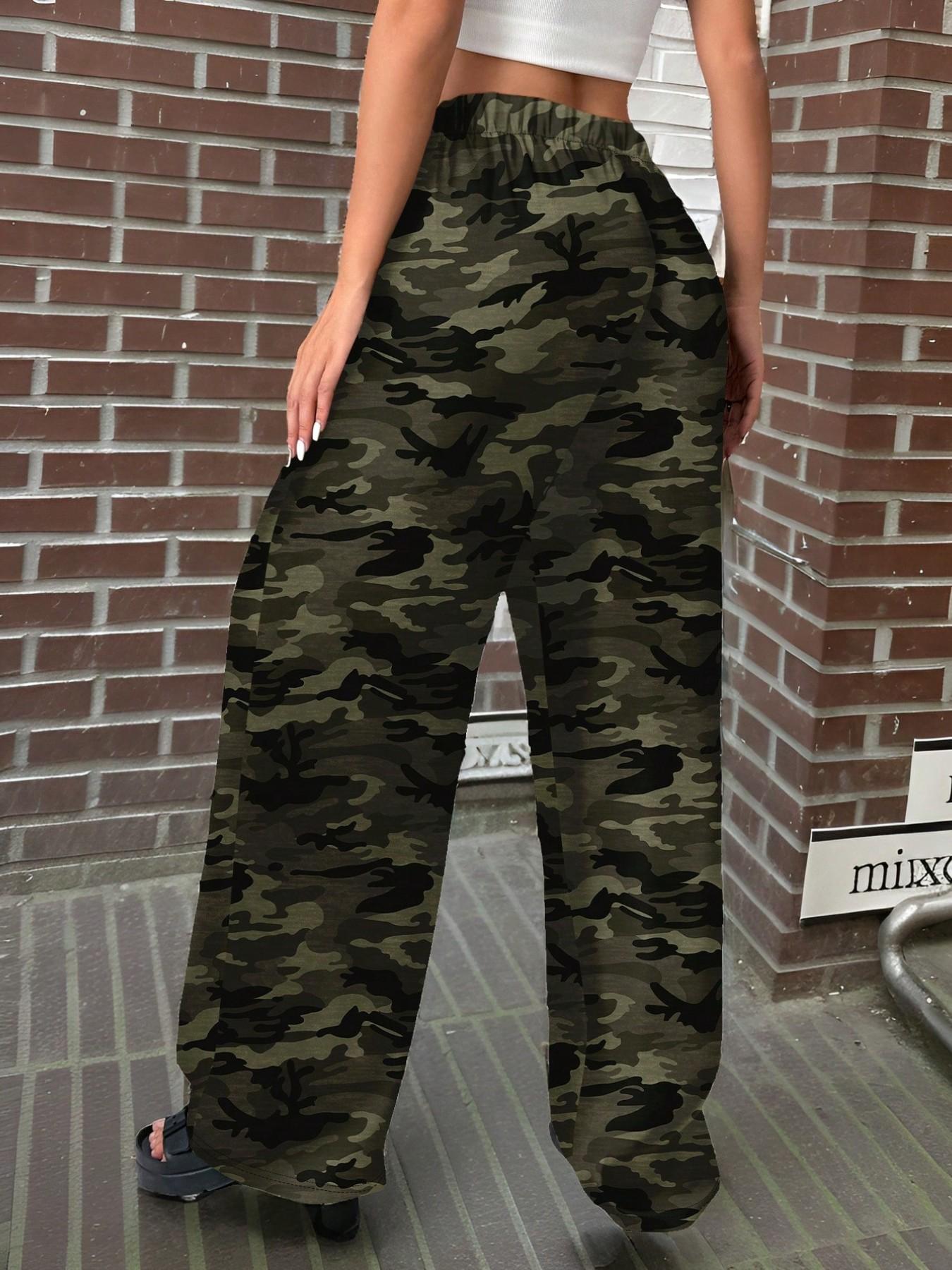 Trendy Camouflage Star Print Wide Leg Pants, High Waist Drawstring Elastic Waist Street Style, Multiple Colors Available
