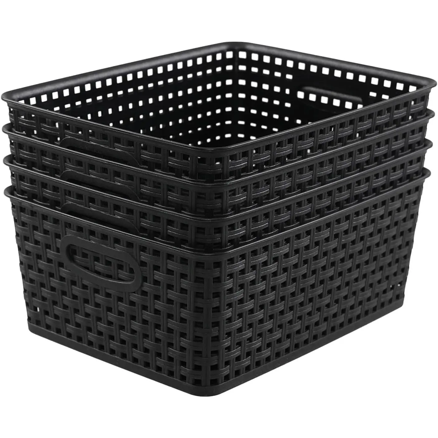 Plastic Weave Storage Baskets, Plastic Shelf Basket Bins, Black, 4 Packs