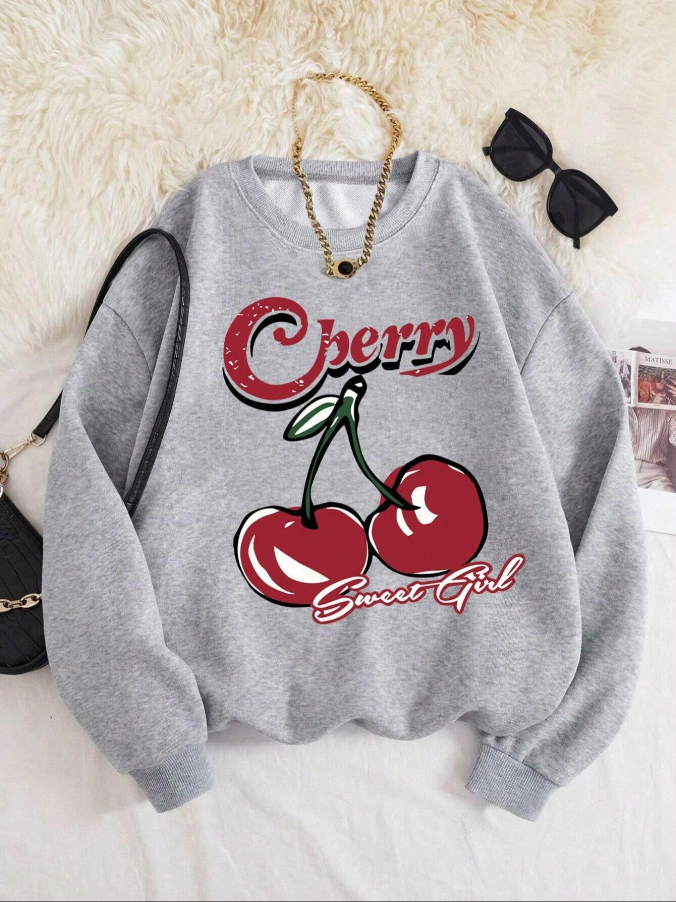 Cherry Pattern Pullover Sweater, Soft Comfortable Fabric, Fashionable Casual Wear, Loose Fit, Suitable for All Seasons