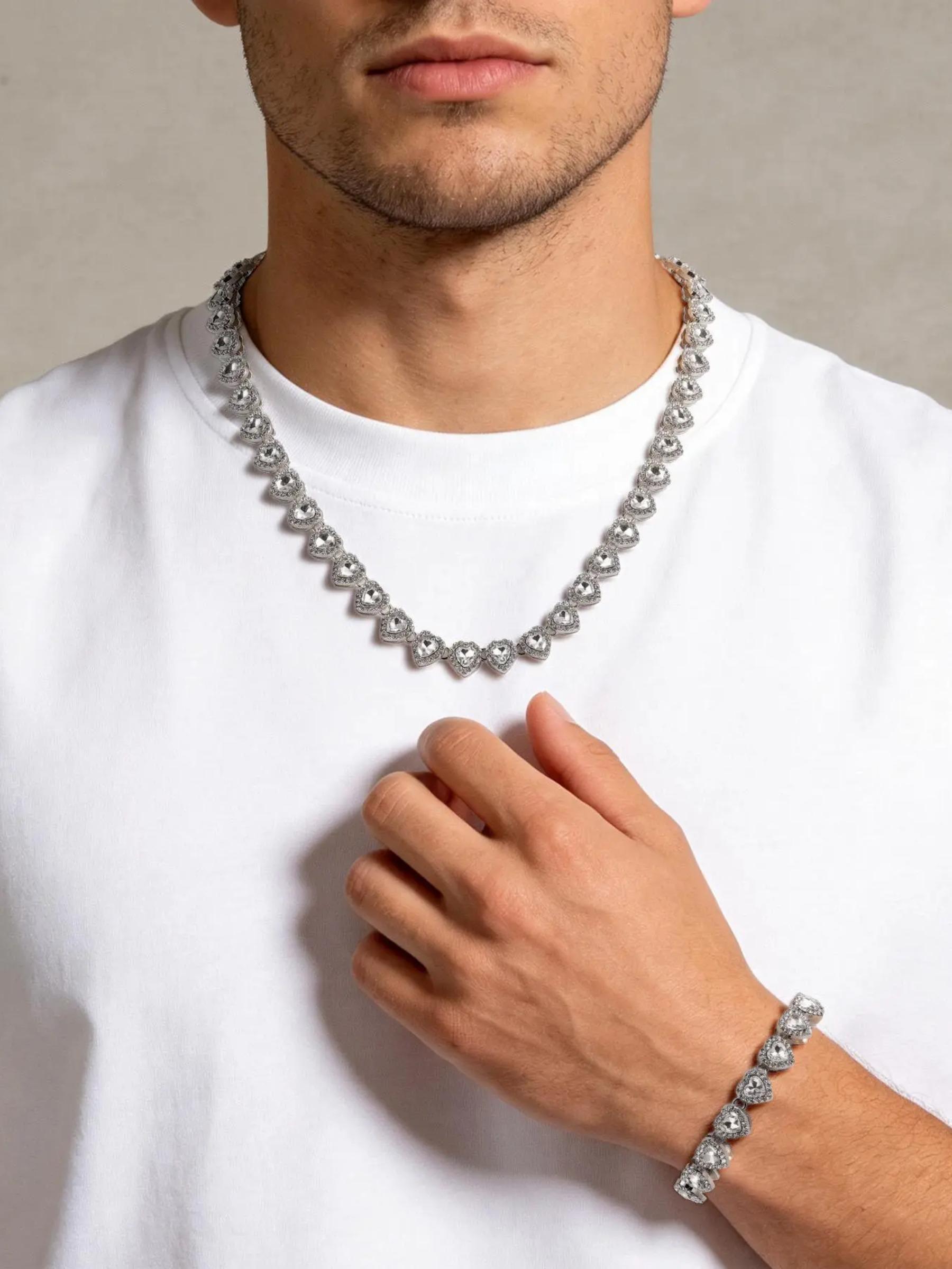 2pcs Set Heart Shaped Cuban Chain Necklace Set for &,Hip Hop Style Choker Set,Luxurious Jewelry Set for Valentine's Day Gifts, Birthday,Everyday & Party Wear, for Teenager