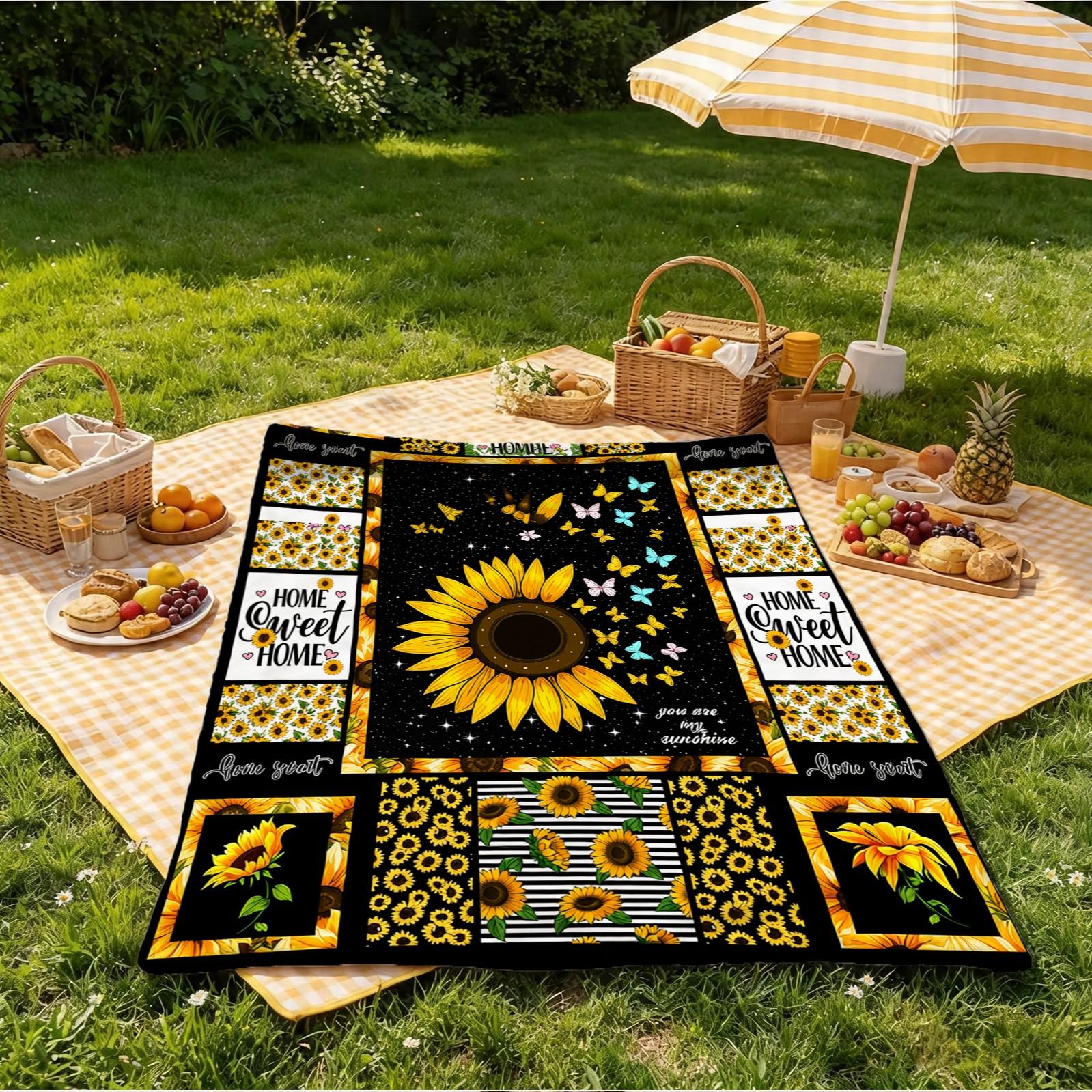 Sunflower Themed Flannel Throw Blanket, Single-Side HD Printed, Retro Farmhouse Style, Soft & Lightweight Multi-Use Blanket for Napping, Camping, Picnics & Home Decor, Suitable for Teens & Adults, Heartfelt Gift for Her