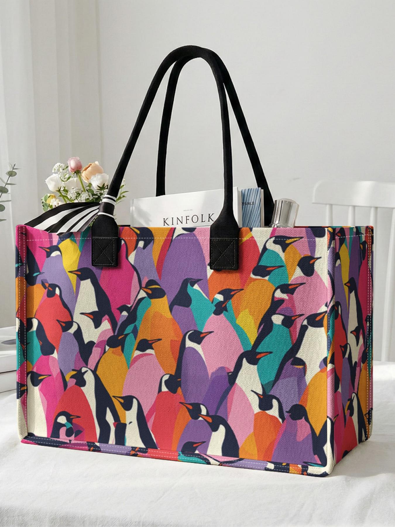 1 piece of colorful penguin pattern 2D printed large capacity storage bag, extra large storage bag, sturdy handle, space-saving multi-purpose, suitable for going to school, traveling, shopping