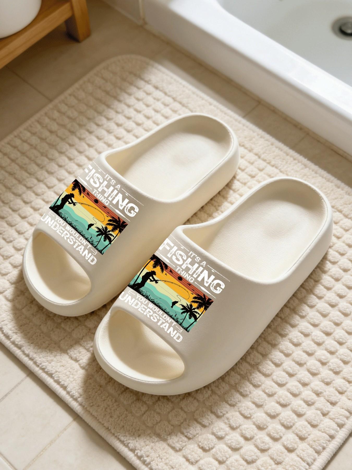 1 Pair Fishing Themed Letter Printed Thick Sole Slippers, American Retro Outdoor Style, Non-slip Soft Sole Open Toe Slides, Indoor & Outdoor Dual-use Bathroom Slides